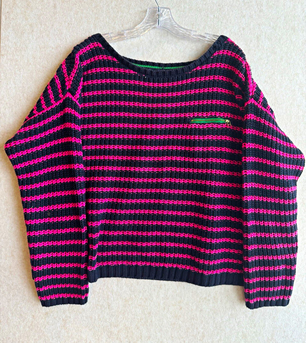 Tommy Hilfiger Womens XL Navy Pink Striped Knit Sweater Green Zip Pocket